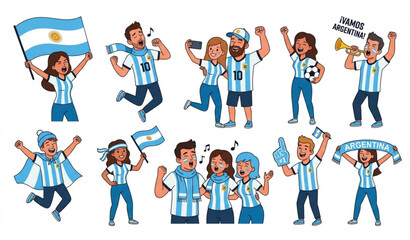 Fototapeta premium Argentina Football Supporters Cartoon Vector Set with Cheering Fans and Flags
