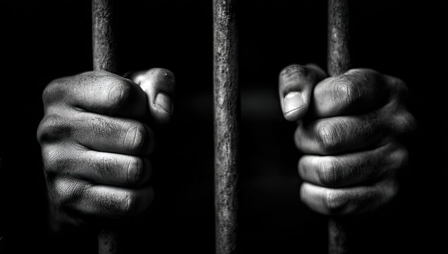 Hands tightly grip prison bars in a dark, ominous cell
