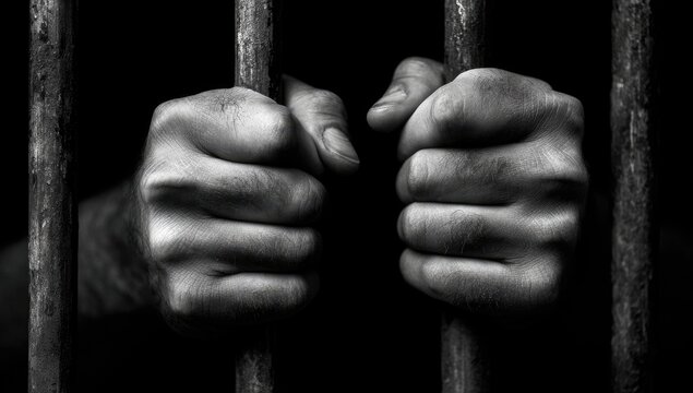 Gripping prison bars, hands strained in darkness, a symbol of confinement and despair