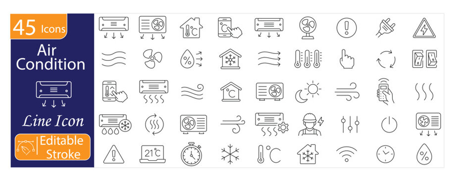 Air Conditioning Line Icons Set. Includes icons for cooling system, temperature control, ventilation, HVAC, air flow, smart climate, fan settings, and home cooling. Editable stroke. Line vector icons.