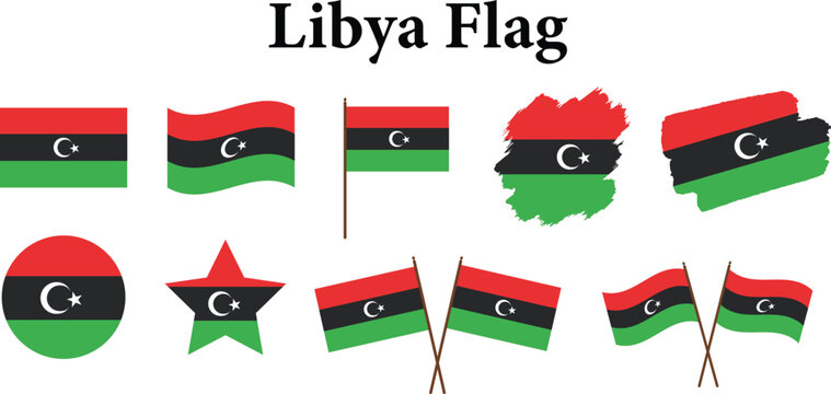  Libya flags waving vector icons with Libyan national symbols libya flag badge, star waving flag vector illustration