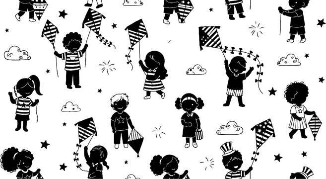 Children flying patriotic kites with stars and stripes