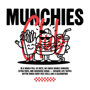 A cartoon retro-style illustration featuring a classic burger, fries and soda combo, perfect for T-shirt printing and vintage-themed merchandise