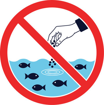 Red circular prohibition sign warning against feeding fish with a human hand graphic icon illustration