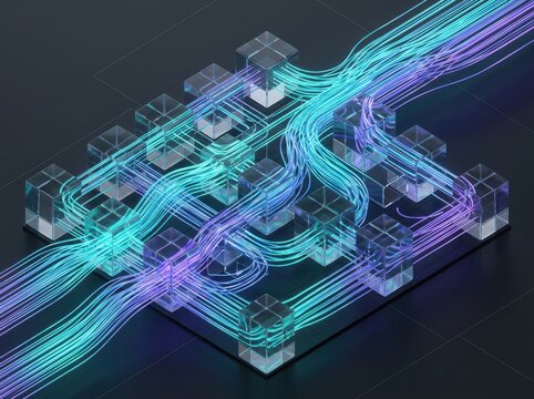 Colorful streams of information navigating through transparent modules and interconnected nodes