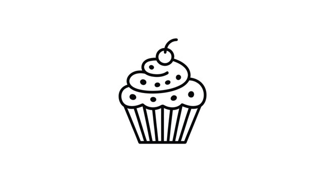 Minimalist black line art illustration of a delicious sweet cupcake with a single red cherry