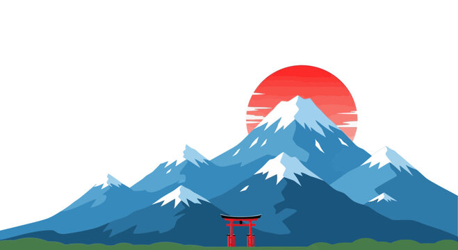 Mt Fuji Japan Landscape with Red Torii Gate Vector Illustration