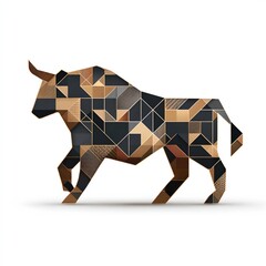 Obraz premium An abstract illustration of a bull made of geometric shapes and patterns in earth tones. The bull is depicted in a stylized, low-poly manner, giving it a modern and artistic feel