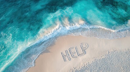 Fototapeta premium help message written in sand on the beach with waves coming in