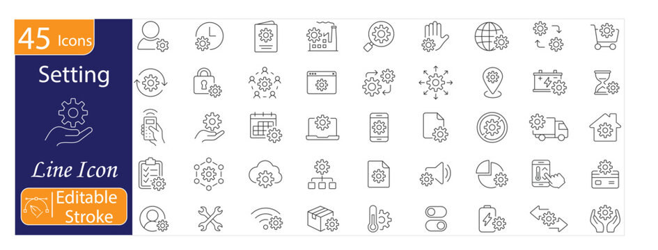 Settings and Configuration Line Icons Set. Includes icons for system preferences, tools, controls, customization, gear settings, optimization, security, and user management. Editable stroke. Line vect