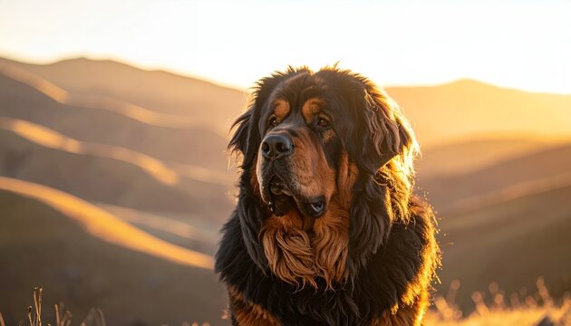 Majestic Tibetan Mastiff Dog Portrait at Golden Hour Sunset.