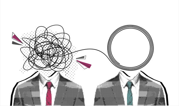 Trendy Halftone Collage two business man each other, with a chaotic brain one connecting to a calm, circular brain