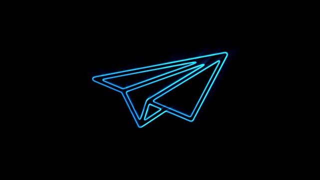 Blue neon paper airplane symbol glowing on a black background.