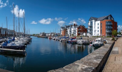 Fototapeta premium Modern waterfront buildings with sailboats moored in a harbor under blue sky