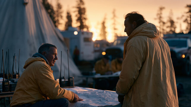 Wildfire disaster response coordination scene at rural incident command post where forestry officials and firefighting crew leaders huddle over paper terrain maps beside parked emergency vehicles at