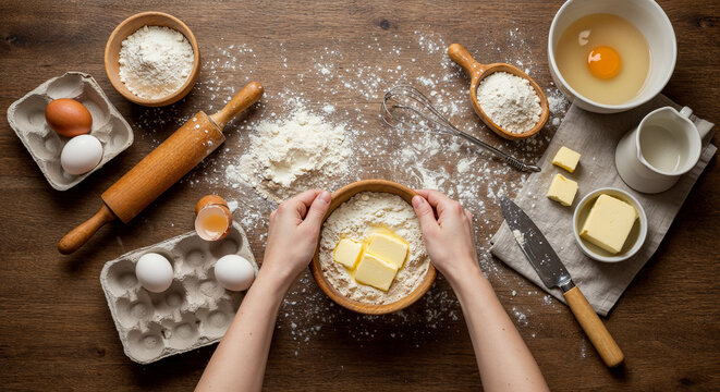 Top view of hands preparing pastry dough with baking ingredients on a flour-covered countertop, highlighting homemade baking, recipe development, and culinary craftsmanship.