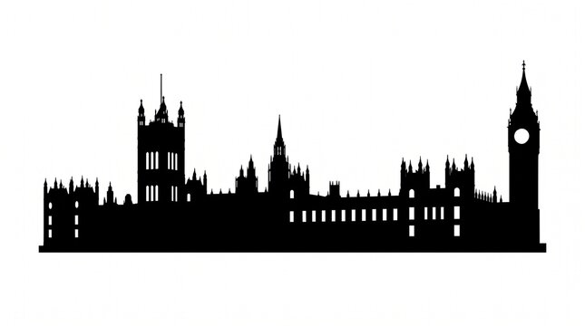 London skyline silhouette featuring Palace of Westminster and Big Ben isolated on white background