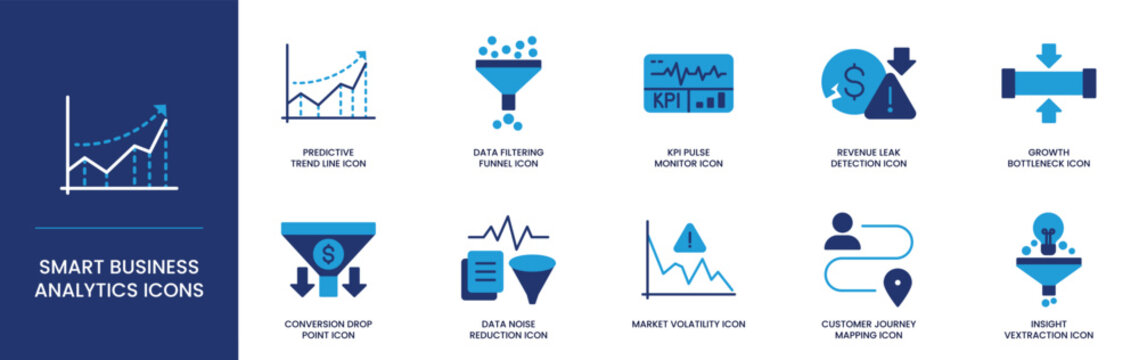 Smart Business Analytics Icons set displaying growth trend lines and insight vextraction