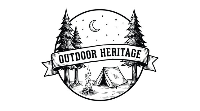 Vintage hand-drawn outdoor heritage camping logo with pine trees and campfire under a night sky.