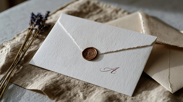 Single white wedding invitation card with wax seal resting on natural linen texture, dried lavender stem and raw-edge envelope visible against sterile white background surface, minimal editorial pro
