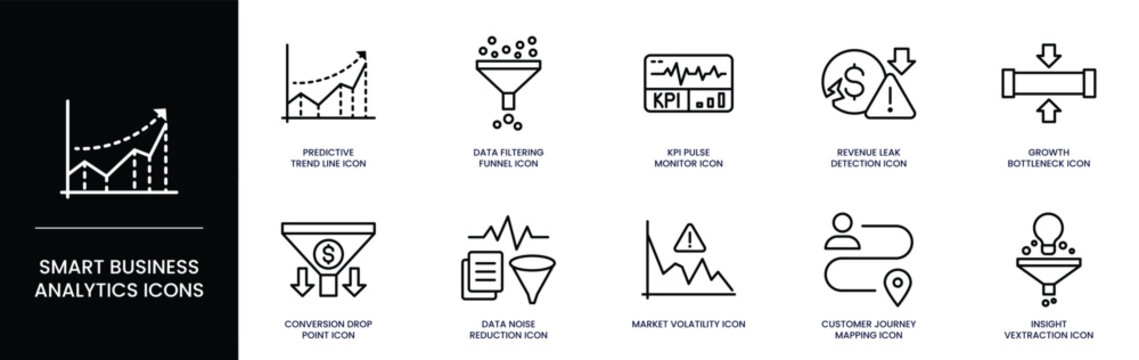 Smart Business Analytics Icons depict predictive trends and revenue leaks in line art