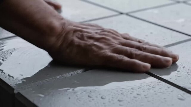 Close up of a hand touching a wet tiled surface.