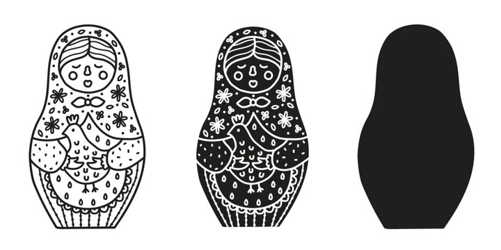 Ilustration of matryoshka doll. Coloring book. Children educational game, drawing activity. Set. Hand drawn vector illustration in black ink isolated on white background.