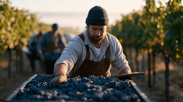 Outdoor September vineyard harvest crew hand-picking grapes into collection bins along trellised rows, morning mist rising between vine corridors, farm supervisor with clipboard counting filled cont
