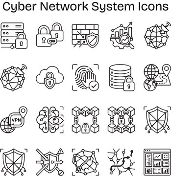 Premium Cyber Network System Monochrome Vector Icon Set