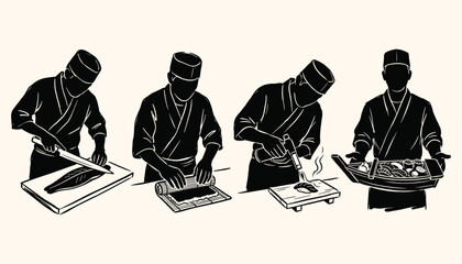 Japanese sushi chef silhouette set showing traditional food preparation and culinary craftsmanship © 777SKYLABS