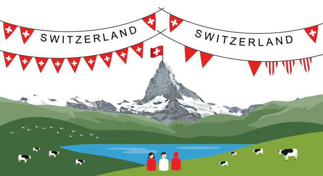 Swiss Alpine Landscape Illustration with Matterhorn and Cows