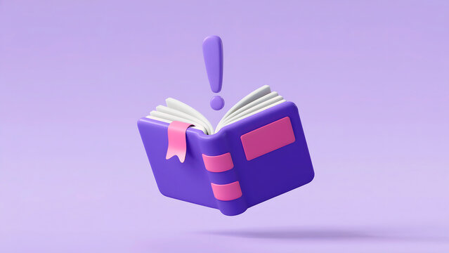 3d render of an open book with a pink bookmark and an exclamation mark floating above it