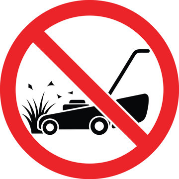 Red circular prohibition sign featuring a black lawn mower icon