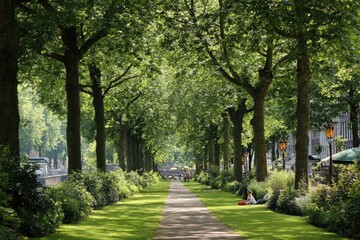 Obraz premium A sun-dappled tree-lined path through a manicured park with people relaxing