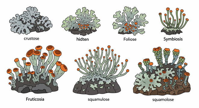 Diverse Lichen Species Illustration Featuring Fruticose Foliose and Crustose Types.