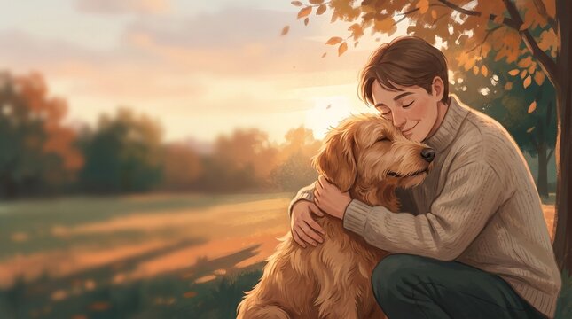 A heartwarming embrace between a person and their loyal dog capturing the essence of companionship and unconditional love during a beautiful autumn sunset
