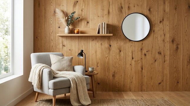 Cozy reading nook with armchair and wooden wall decor