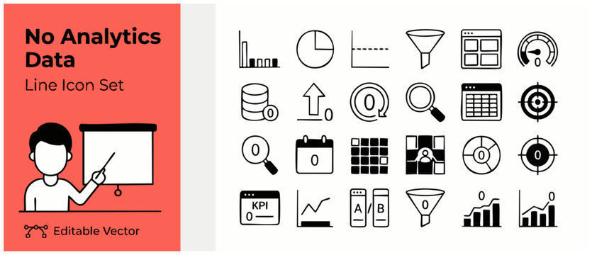 No analytics data icon set representing zero value business metrics, empty database tables, null KPI progress charts, zero results search symbols, and low performance UI elements in a thin line style.