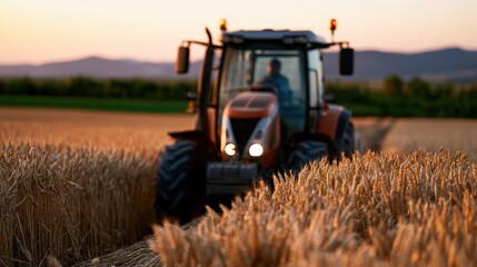 Fototapeta premium agricultural documentary, determined farmer driving tractor in golden wheat field at sunset, with cinematic rural atmosphere and realistic agricultural machinery