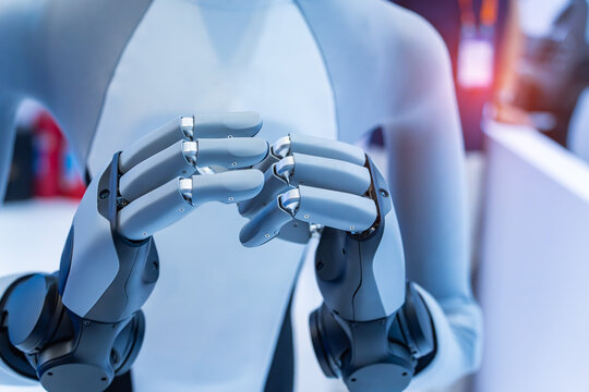 Artificial robotic hand at the presentation of robotics.Creation of artificial intelligence