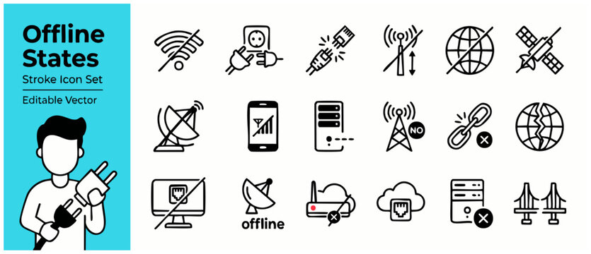 Offline icon set internet connection and no wifi vector signals for lost web network, disconnected server computer, broken link, unplugged wire cable, and error status tech concepts