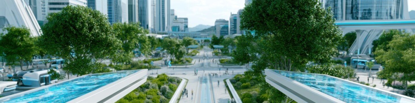 futuristic smart city, in the futuristic smart city, professionals work in integrated public-private spaces, with floating digital dashboards, autonomous transport, and collaborative augmented reality