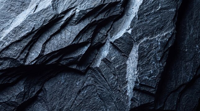 A high-detail close-up of dark gray slate stone, showcasing natural rugged textures, sharp geological layers, and dramatic shadows for a sophisticated background.