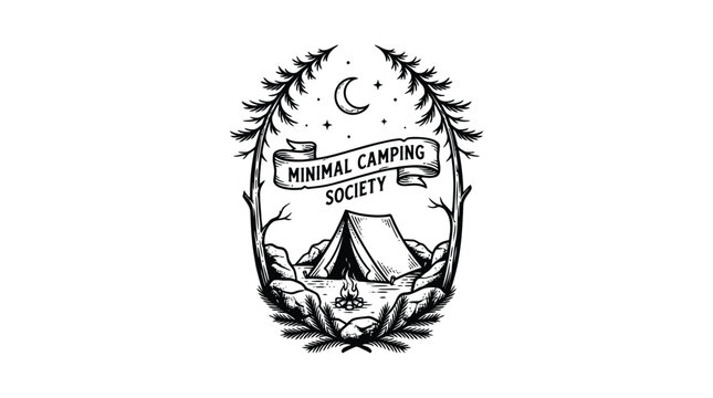 Minimalist camping society logo featuring a tent under a starry night sky surrounded by pine trees and mountains.