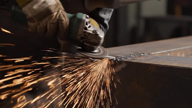 A skilled welder grinding down a rough metal seam, creating a smooth finish amidst a shower of sparks