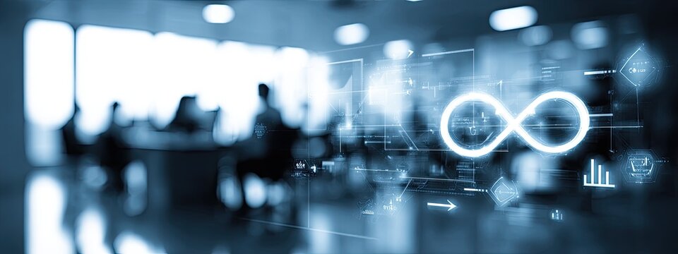 Blue abstract interface with infinity symbol, charts, and silhouettes in background