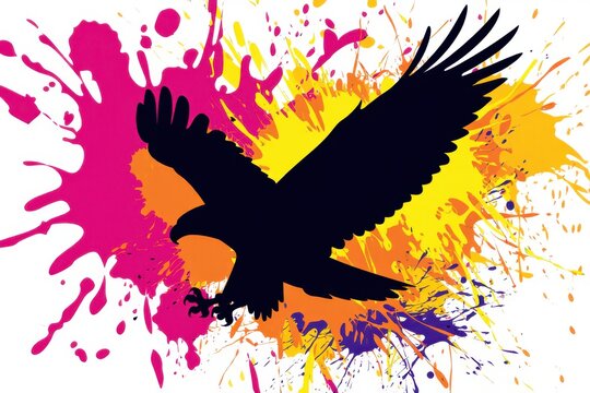 Black Eagle Silhouette Against Colorful Paint Splashes