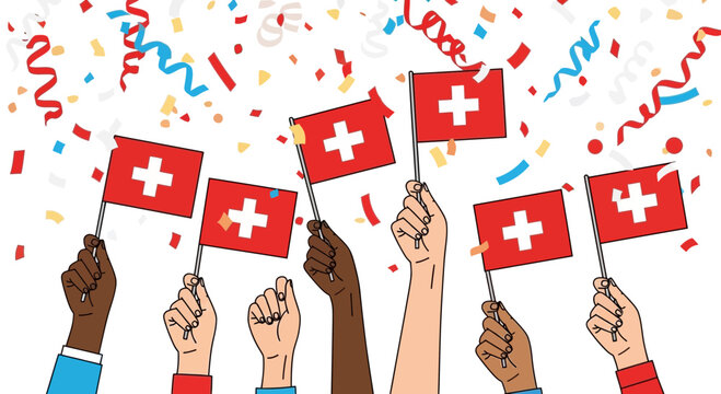 Diverse Hands Holding Swiss Flags Celebrating with Confetti