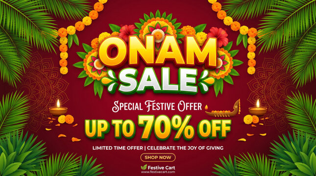 Onam Sale Festival Promotion with Floral Decor and Festive Kerala Retail Discount Campaign