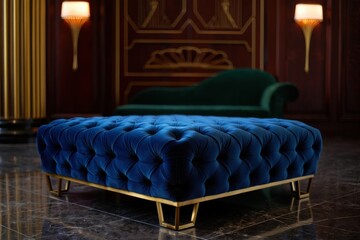 Fototapeta premium Luxurious Blue Tufted Ottoman in Elegant Interior